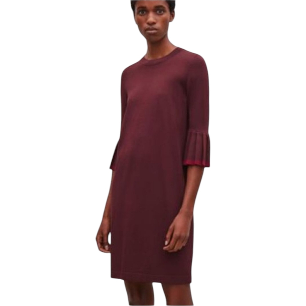 COS Pleated Sleeve Mini Dress | Size M | Burgundy Knit Shift | Fall Staple